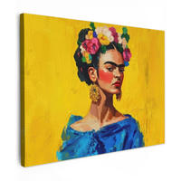 LEINWANDBILD Frida Kahlo - Frau - Gelb - Blau - Blumen Wandbilder 80x60 cm - Gelb, Textil (80/60cm) - MuchoWow