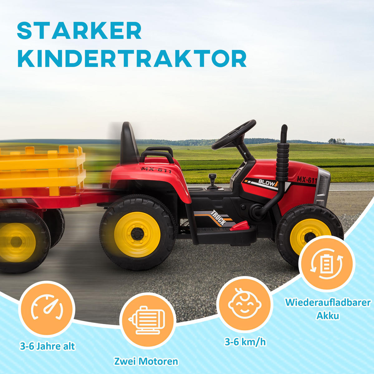 KINDER ELEKTROAUTO, Blau/Grün/Rot, Kunststoff+ Metall - Rot, Metall (136.5/50/52.5cm) - HOMCOM