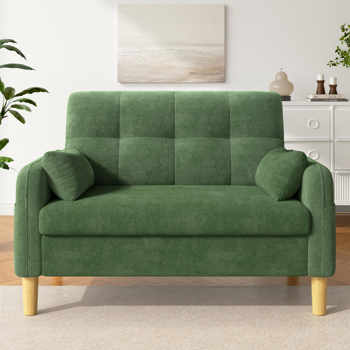 SOFA 2-Sitzer, Grün, Chenille, 2 Kissen, Seitentasche - Grün, Textil (78/85/119cm)