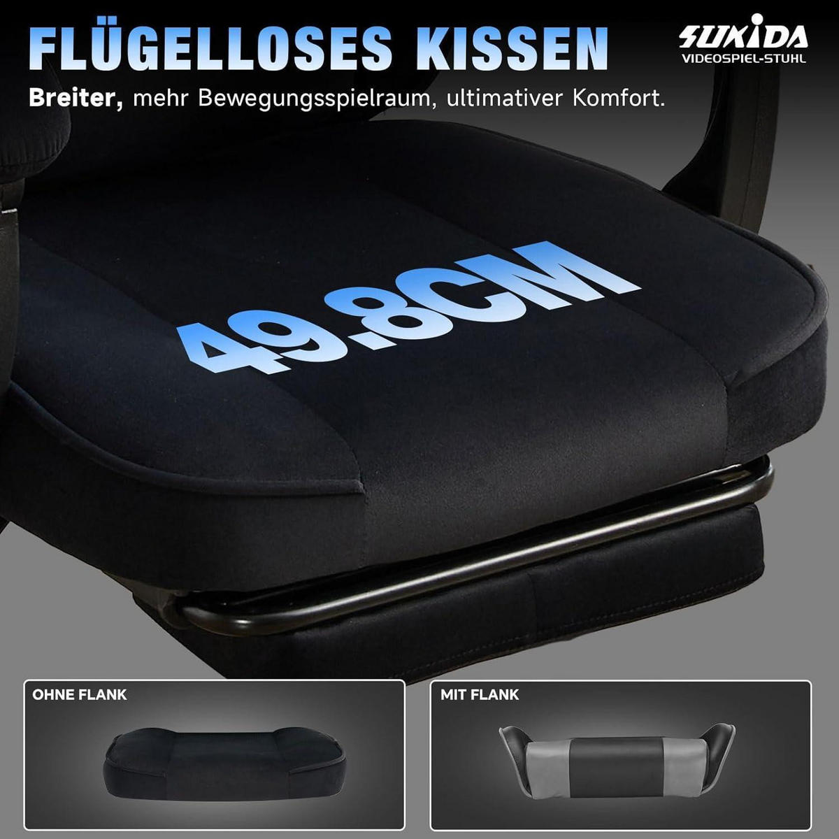 GAMING Stuhl Stoff mit Fußstütze und Lordosenstütze, schwarz - Schwarz, Textil (57/45/52cm)