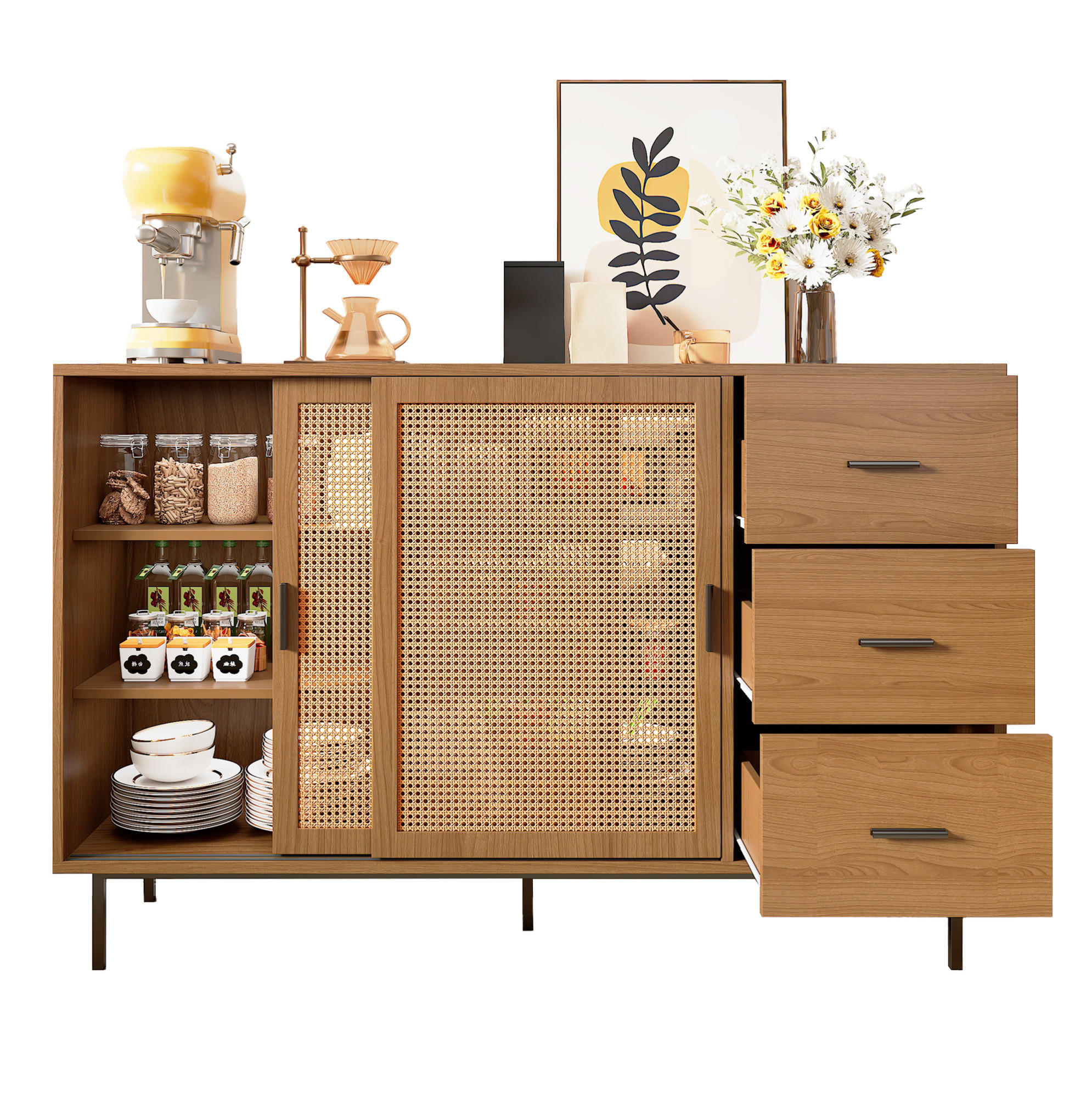 SIDEBOARD 140/91/37 cm Naturfarben aus Spanplatte mit Schiebetüren - Naturfarben, Holzwerkstoff (37/91/140cm) - OKMYHOME