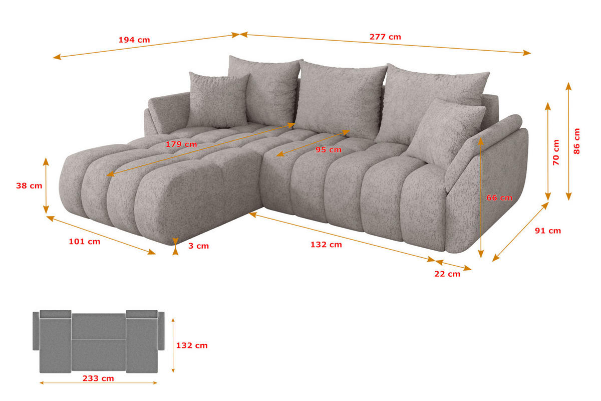 ROHOVÁ SEDAČKA s funkcí spaní, otoman vlevo TOKO-L-v1 277x194x86 světle šedá velur - černá/světle šedá, kompozitní dřevo/textil (277/194cm) - ALTDECOR