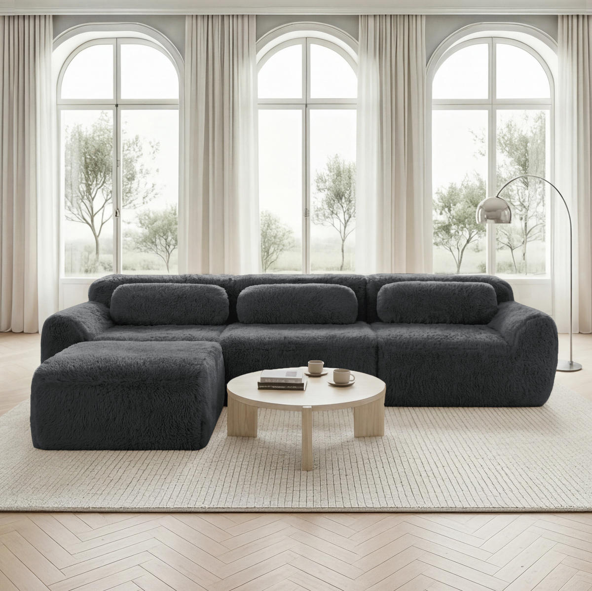ECKSOFA 291/179/73 cm grau aus Plüsch modular rahmenlos mit Kissen - Grau, Textil (179/291cm) - OKWISH