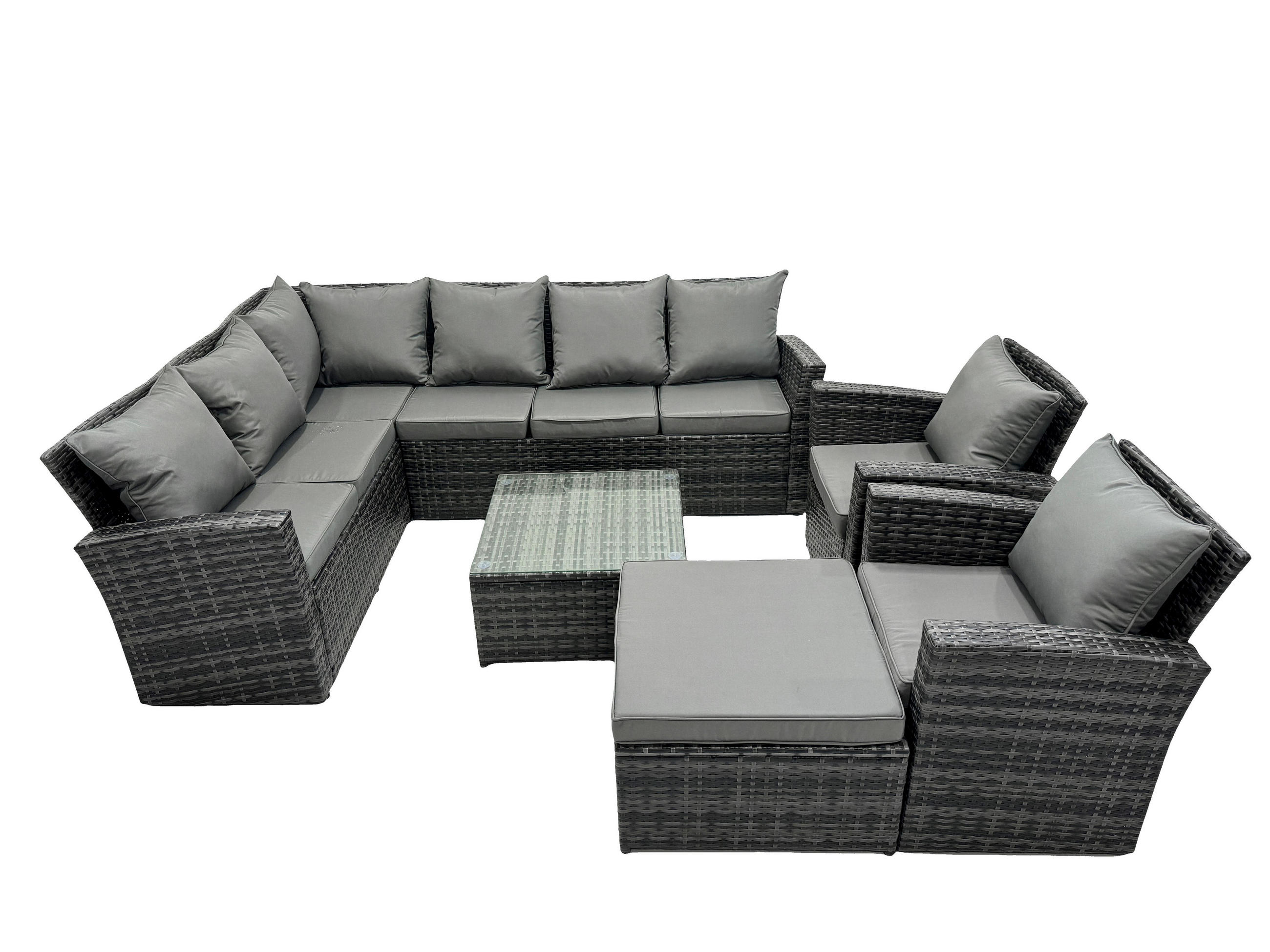 BALKONMÖBEL-SETS mit Ecksofa,Quadratischer Couchtisch,2 Sesseln,Hocker Polyrattan Dunkelgrau 9-Sitzer - Dunkelgrau/Grau, Glas/Kunststoff - Fimous