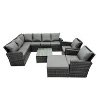 BALKONMÖBEL-SETS mit Ecksofa,Quadratischer Couchtisch,2 Sesseln,Hocker Polyrattan Dunkelgrau 9-Sitzer - Dunkelgrau/Grau, Glas/Kunststoff - Fimous