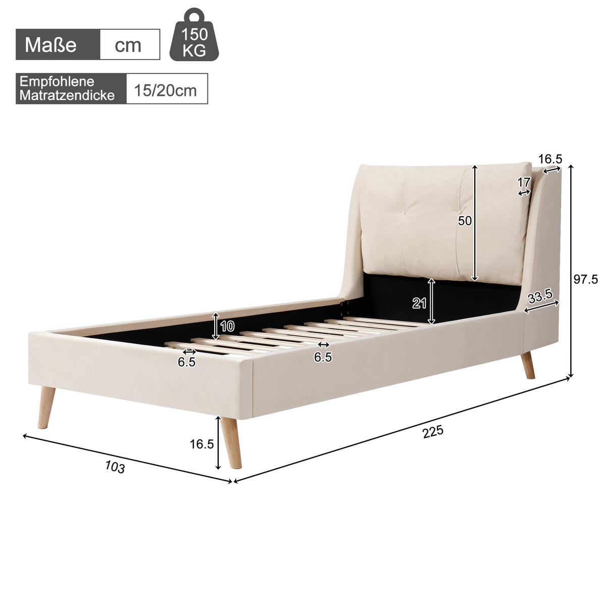 POLSTERBETT 90/200 cm beige aus Samt mit höhenverstellbarem Kopfteil - Beige, Textil (90/200cm) - OKWISH