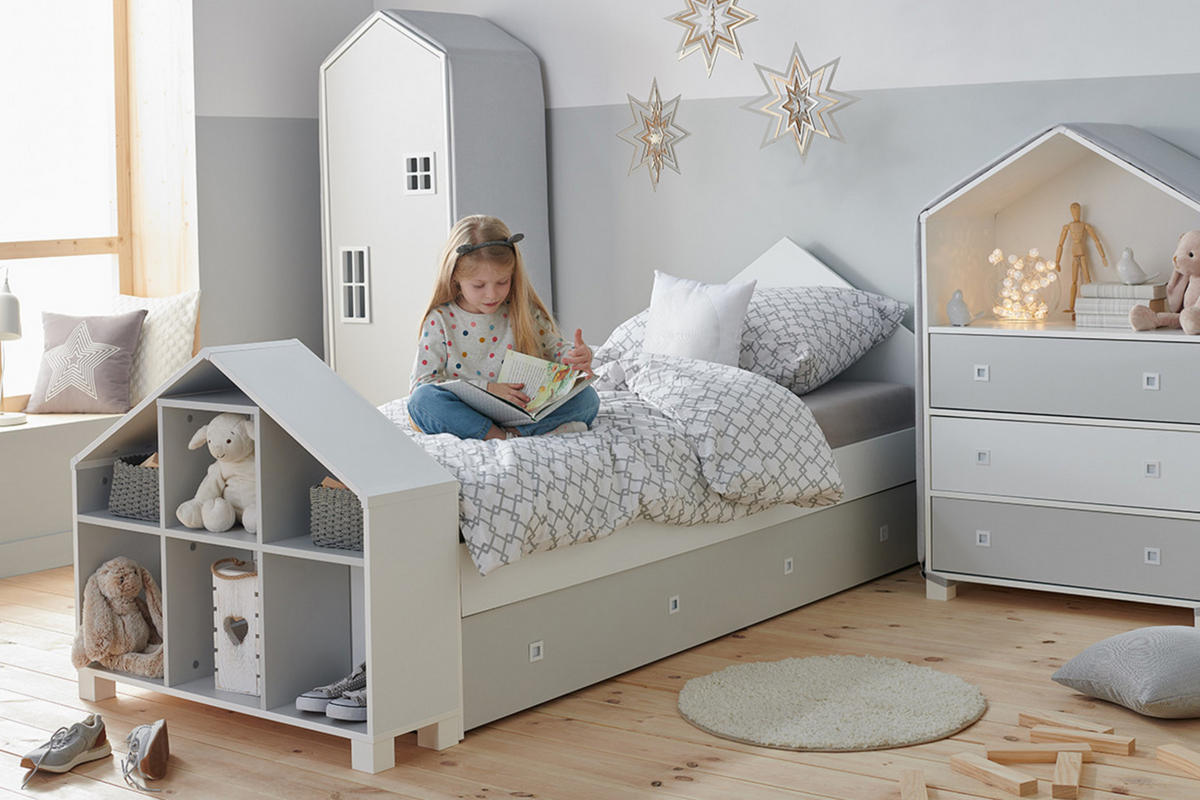 HAUSBETT MIRUM für Kinder, Weiß/Grau - Weiß/Grau, Holz (200/90cm) - KONSIMO®