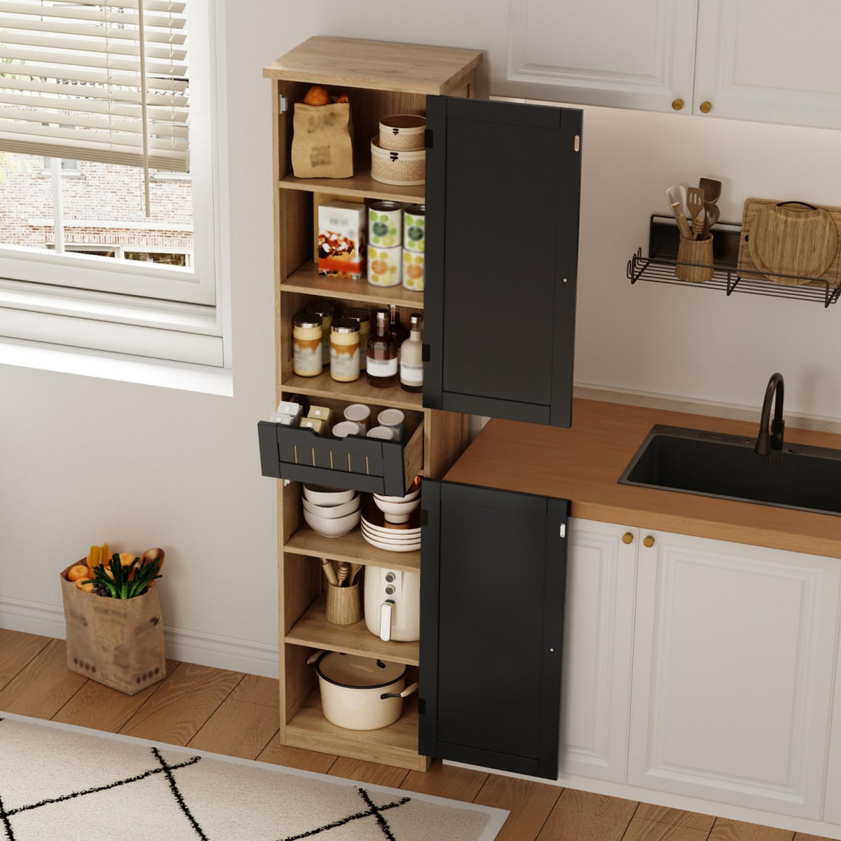 GESCHIRRSCHRANK 170 cm MDF Natur Schwarz mit Türen und verstellbaren Böden - Schwarz, Holzwerkstoff (30/170/40cm) - Korfee