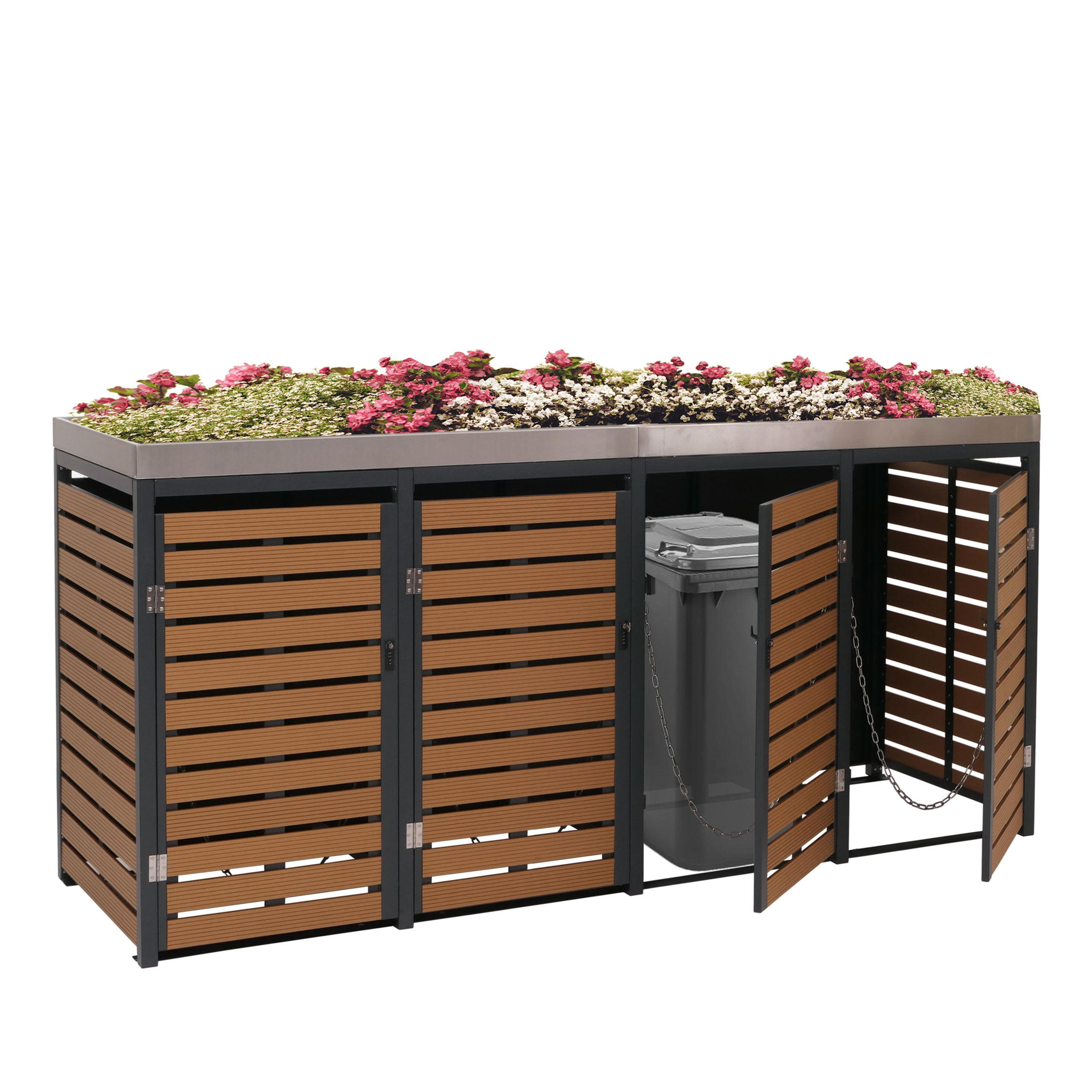 MÜLLTONNENVERKLEIDUNG 4er 124x265x84cm mit Pflanzkasten Teak-Optik - Braun, Metall (265/124/84cm) - PROREGAL