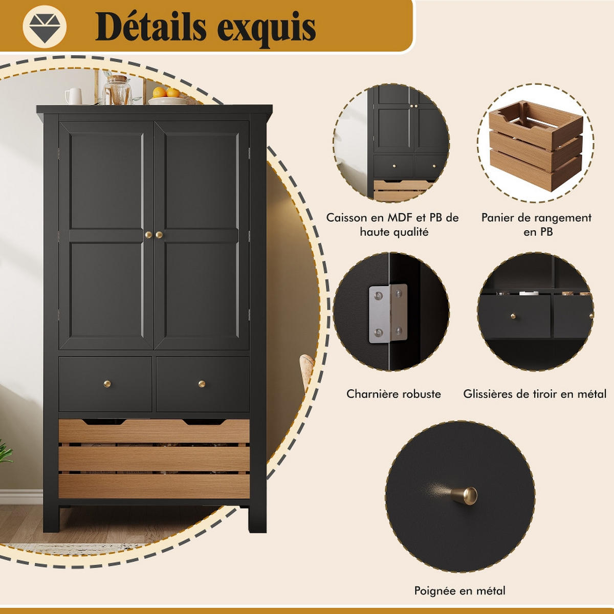 KÜCHENSCHRANK Küchenbuffet mit 5 Schubladen und 2 Türen, MDF/Metall, Schwarz-Weiß, für Esszimmer, 80/140/40 cm - Schwarz, Kunststoff (40/140/80cm) - Rolipo