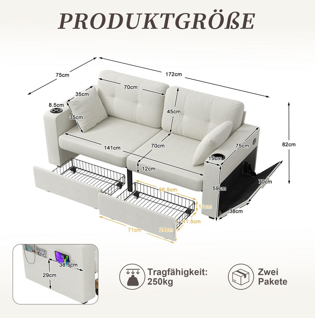 2-SITZER-SOFA 172/75/82 cm mit USB-Anschlüssen, Stauraumschubladen und Getränkehaltern, Chenille, Beige - Beige, Textil (172/82/75cm) - Redom