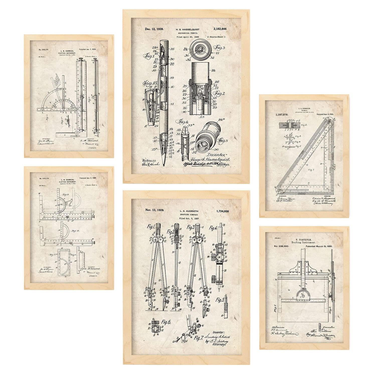 POSTER Set Mit 6 Mit Messwerkzeug Patenten Im Vintage Stil A3 & A4 Rahmen Aus Hellem Holz - Beige, Papier (29/3cm) - Nacnic