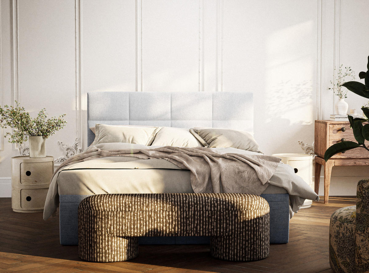 BOXBETT 140/200 cm Umage, in Hellblau, Matratze, gepolstertes Kopfteil, Bettkasten, H3 = fest - Schwarz/Hellblau, Holz/Holzwerkstoff (140/200cm) - Maison de Reve
