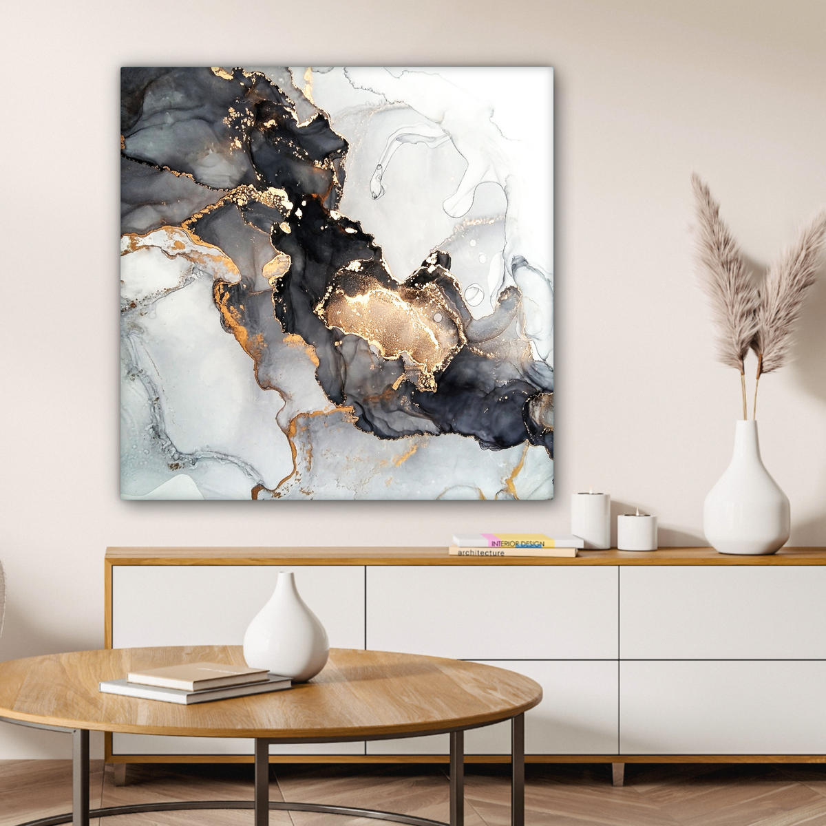 LEINWANDBILD Marmor - Schwarz - Weiß - Gold - Luxus - Abstrakt 90x90 cm - Goldfarben, Textil (90/90cm) - MuchoWow