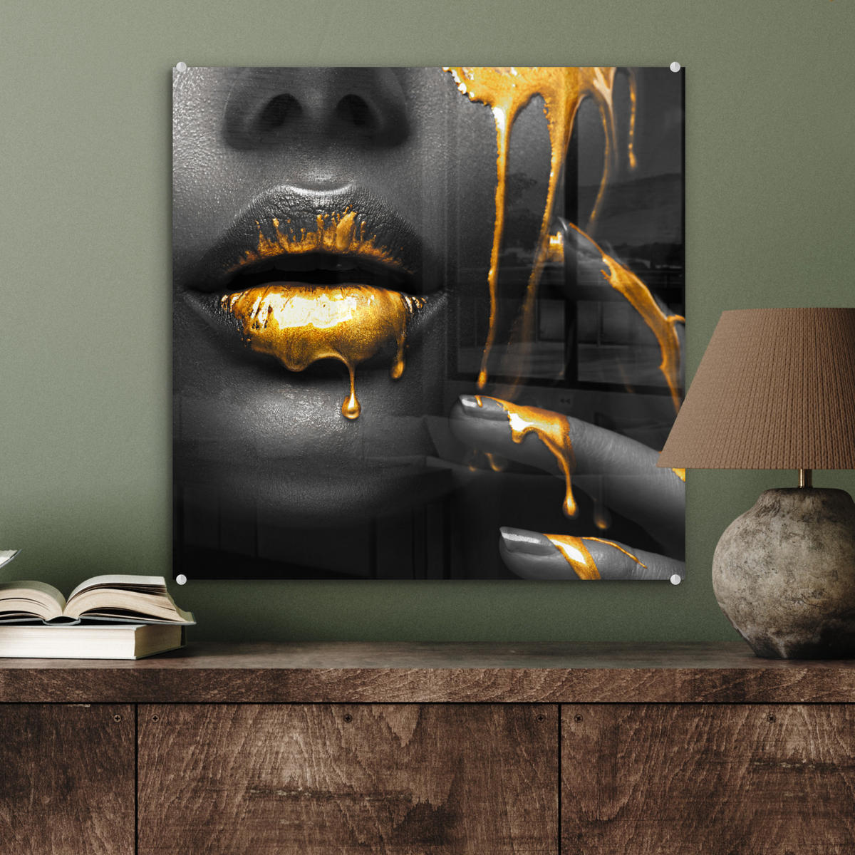 ACRYLGLASBILD Frau - Schwarz - Gold - Gesicht - Lippen 50x50 cm - Goldfarben, Glas (50/50cm) - MuchoWow