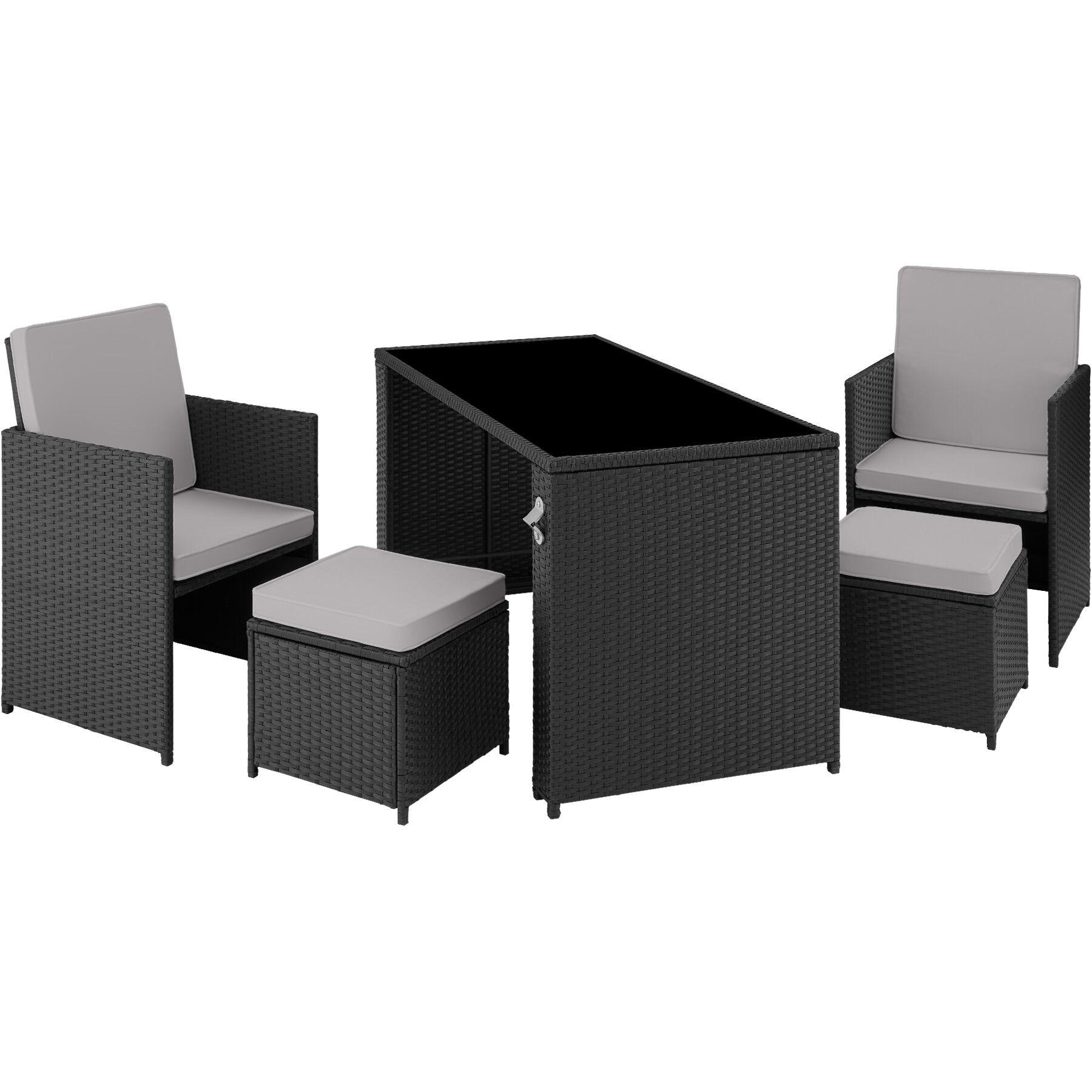 RATTAN SITZGRUPPE Palermo,inklusive Flaschenöffner, zusammenschiebbar,schwarz/grau - Schwarz/Grau, Kunststoff - tectake