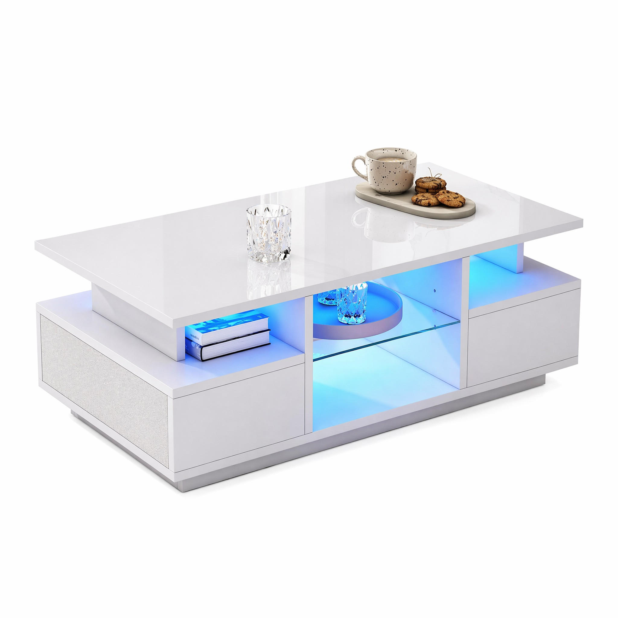 COUCHTISCH in Weiß Kaffeetisch mit 2 Schubladen, LED & Glas, offener Stauraum, Hochglanz Sofatisch, B100/T50/H36cm - Weiß, Holzwerkstoff/Metall (50/100/36cm) - STILVORA