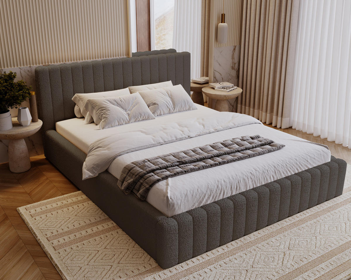 POLSTERBETT 140x200 Billo mit Bettkasten, Boucle Dunkelgrau - Dunkelgrau, Holz/Textil (140/200cm) - Emporius