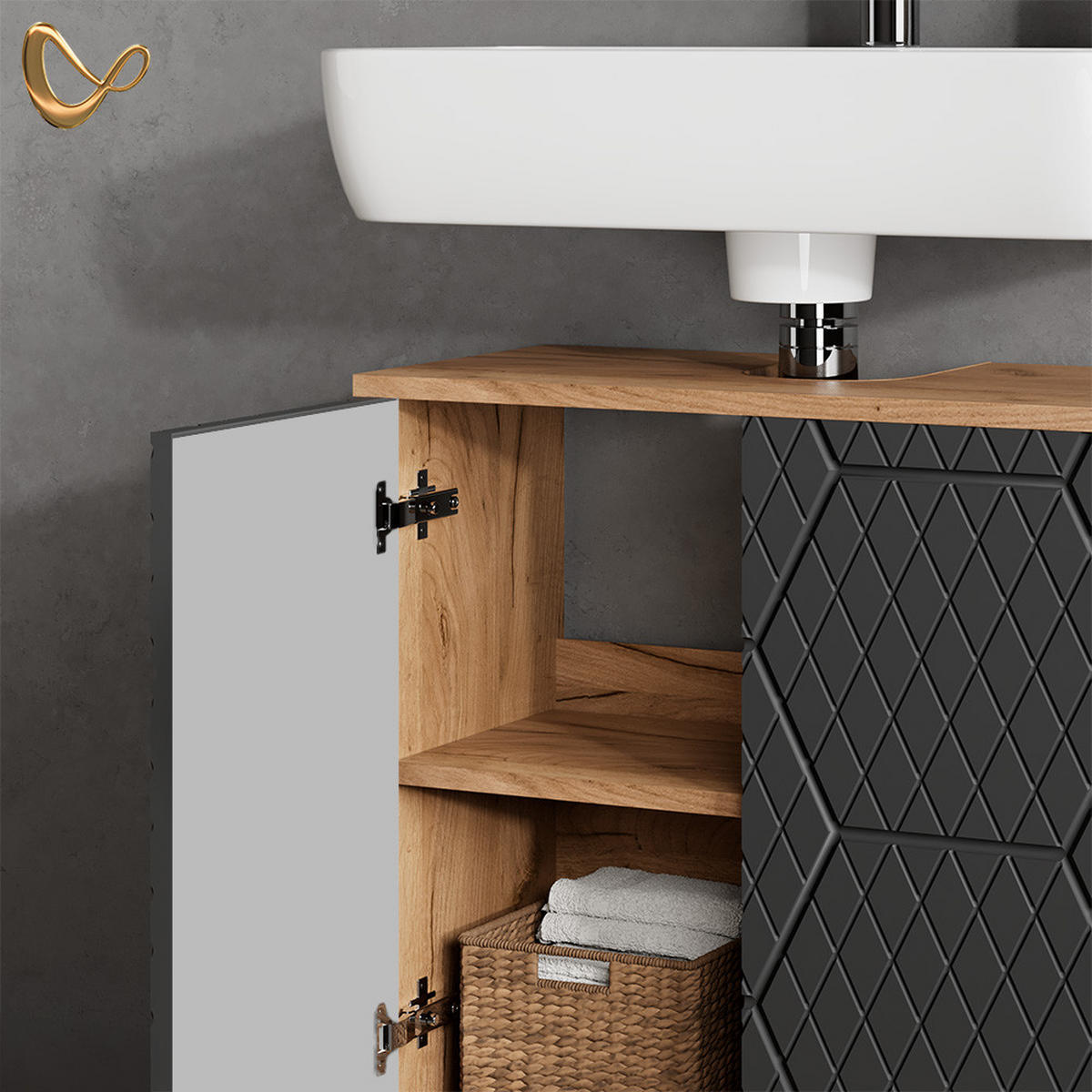 BADMÖBEL-SET Ronco Anthrazit gestreift 2 Teile, Unterschrank 60 cm - Anthrazit, Holzwerkstoff (60/59/30cm) - Livinity®