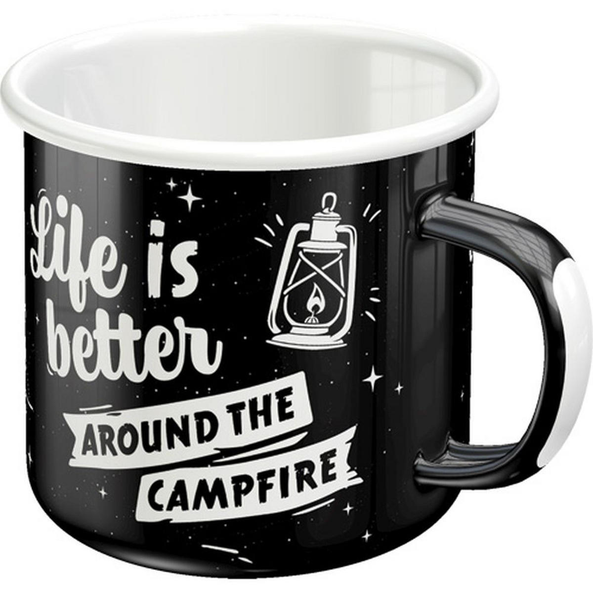EMAILLE-BECHER 360 ml Outdoor & Activties Life Is Better Around The Campfire - Schwarz/Weiß, Metall (0.36L) - Nostalgic-Art