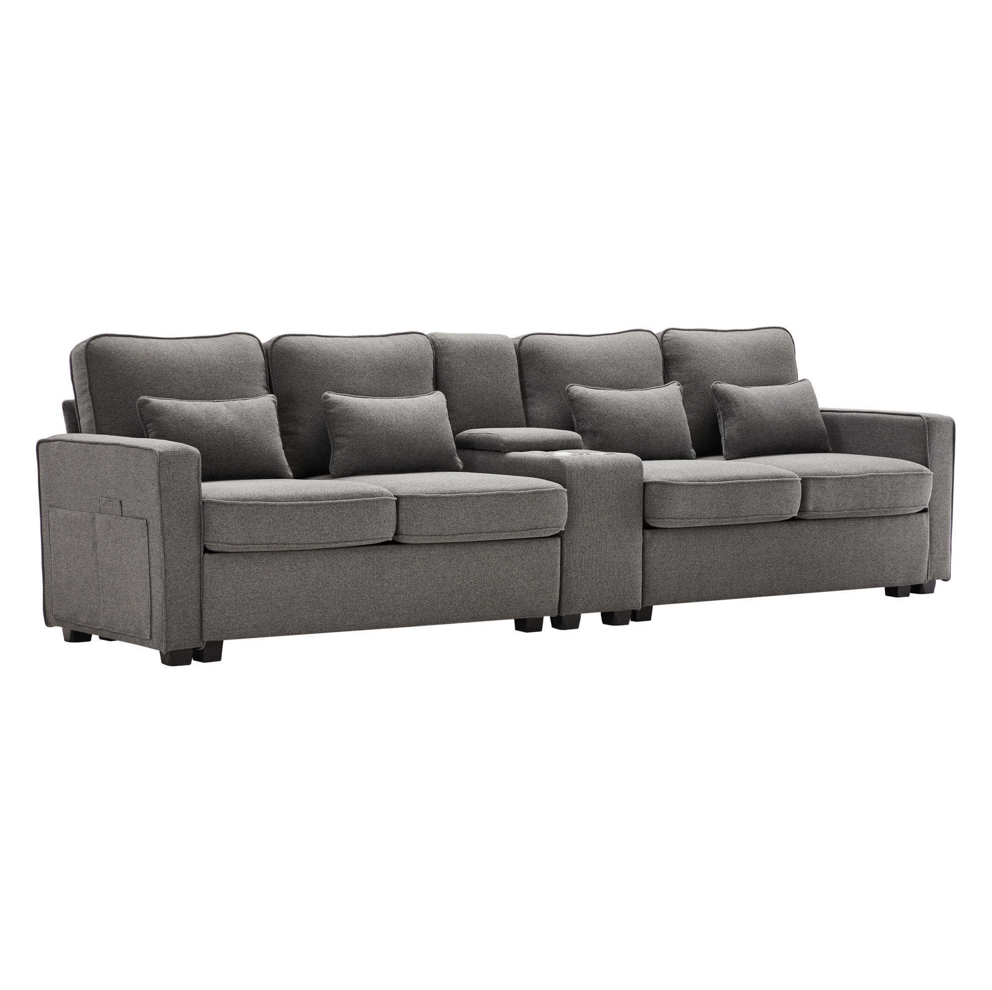 Redom POHOVKA 290/83/88 cm se 2 USB porty, 2 držáky na nápoje a úložnou konzolí, tmavě šedá