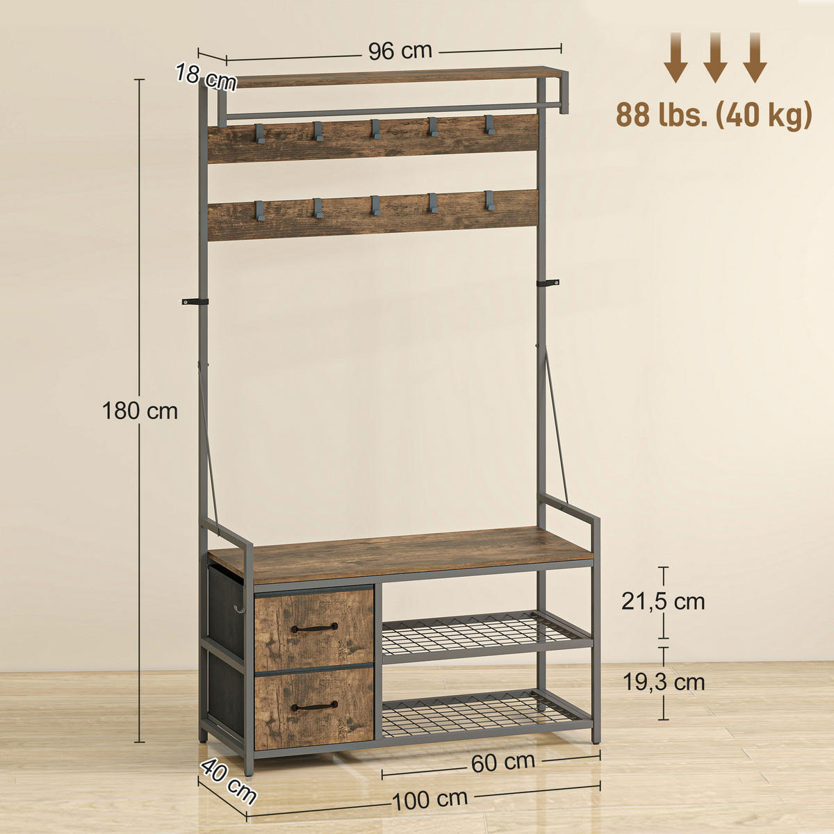 GARDEROBENSTÄNDER mit Sitzbank 100/40/180 cm - Braun, Holzwerkstoff (40/180/100cm) - HOMCOM