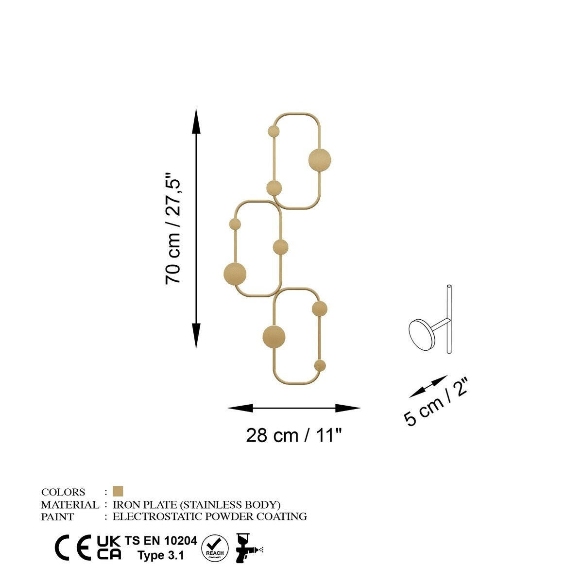 WANDGARDEROBE mit 6 abgerundeten Haken aus schwarzem Metall 70/28/5 cm - Goldfarben, Metall (5/70/28cm) - Calicosy