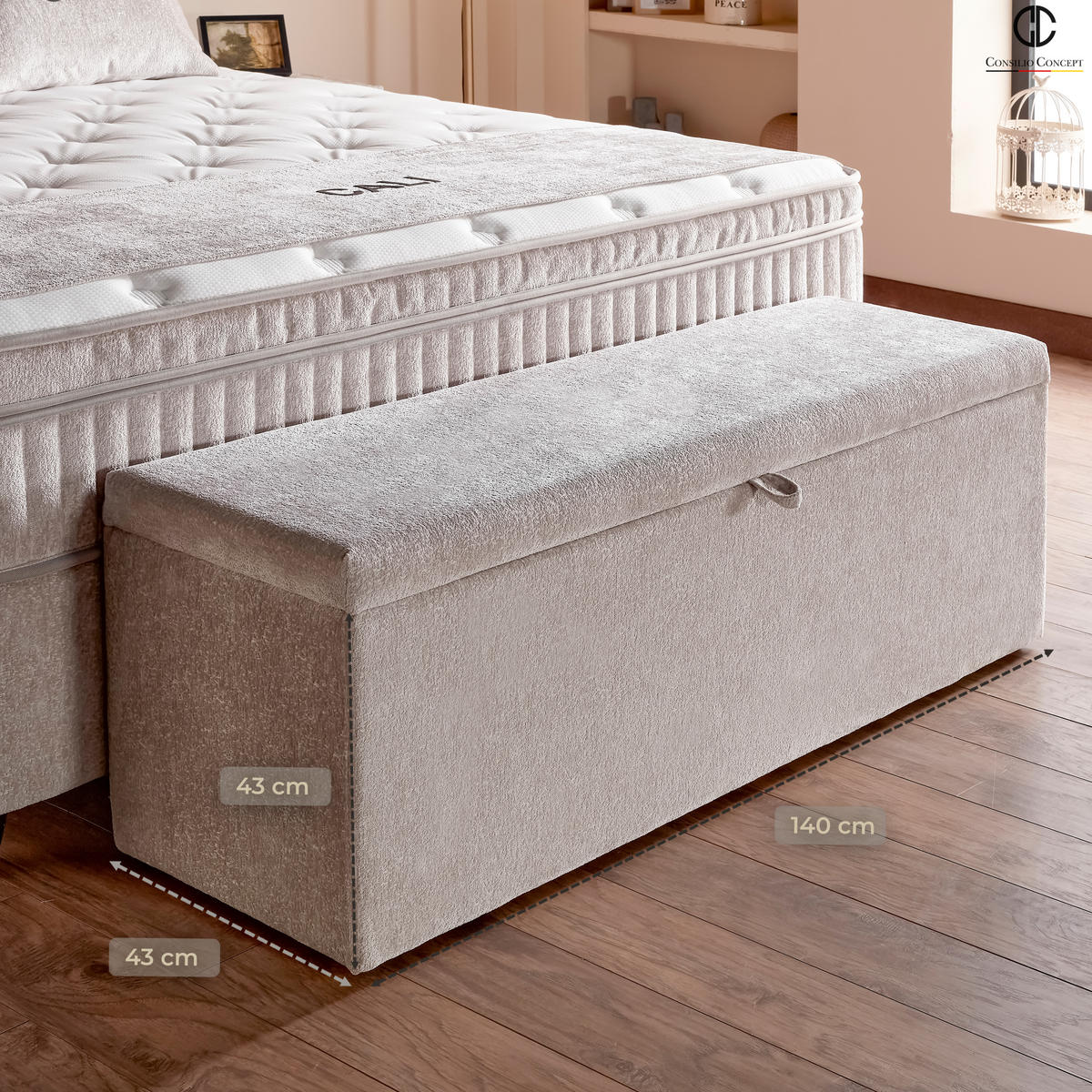 BETTBANK COMO 140/43/43 cm, Beige, Aufklappbar, mit Stauraum - Beige/Schwarz, Holz/Kunststoff (140/43/43cm) - Consilio Concept