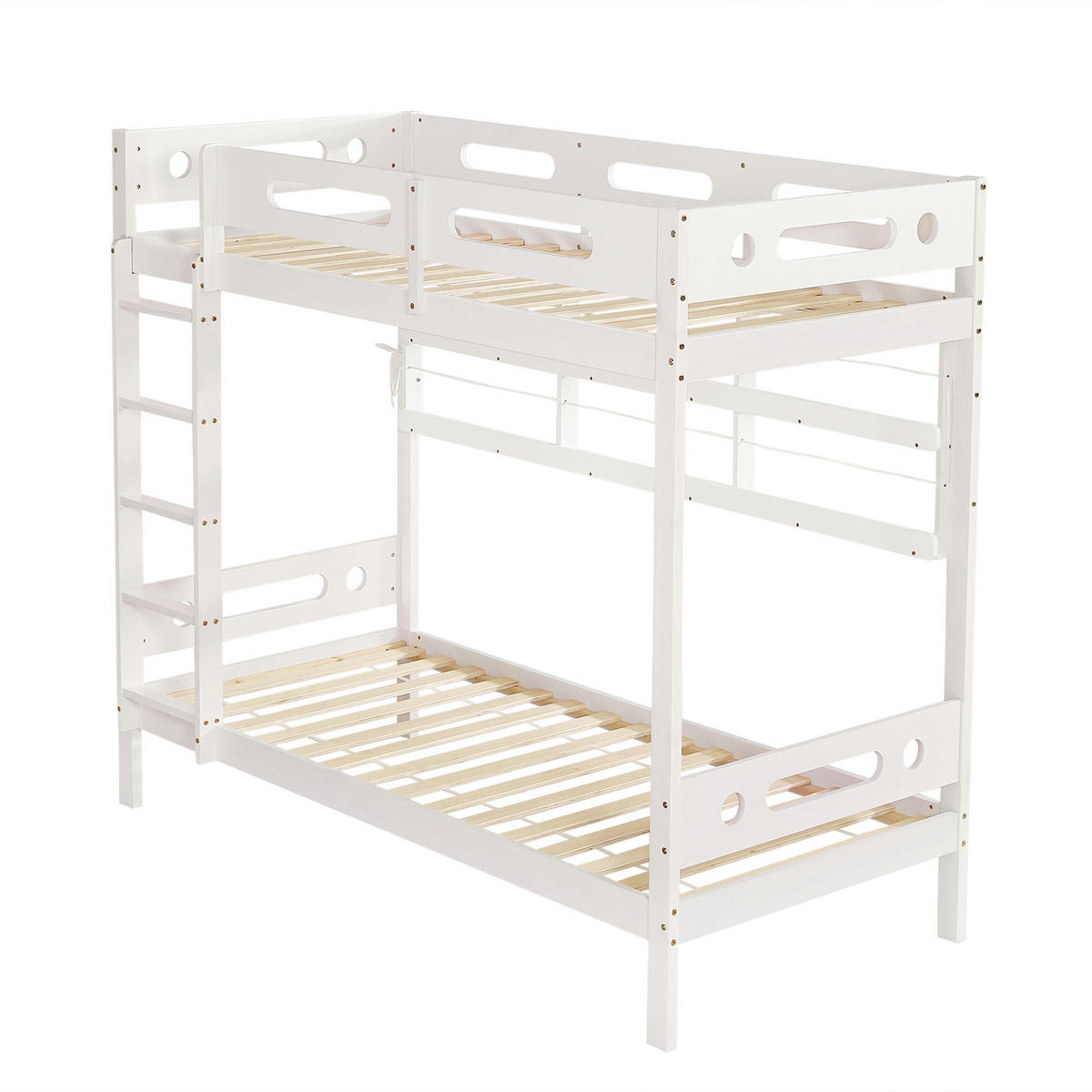 ETAGENBETT 90/200 cm weiß und natur aus Massivholz mit Regal und 5-stufiger Leiter - Weiß, Holz (90/200cm) - OKWISH