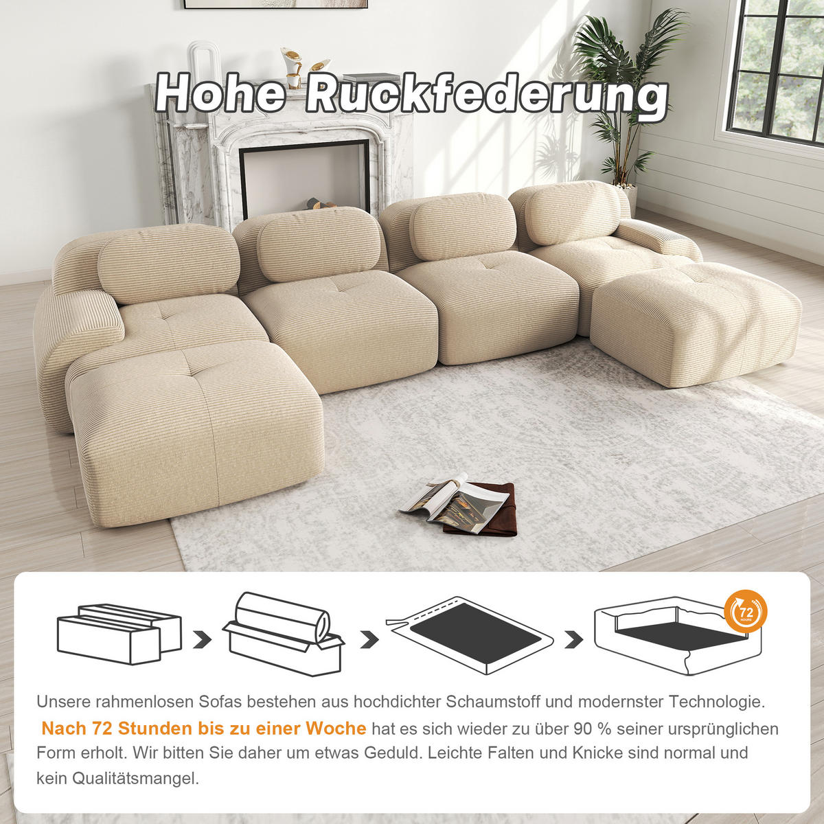 WOHNLANDSCHAFT mit U-Form, extra breiten Armlehnen und 32D-Polsterung in Beige - Beige, Textil (388/75/178cm) - EVRYAE