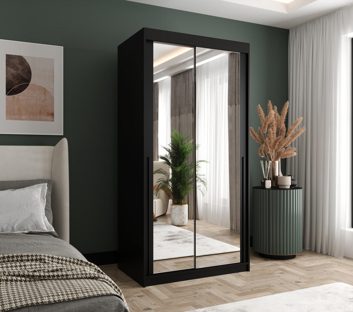 SCHIEBETÜRENSCHRANK mit Spiegel 100 cm Breite, schwarz, mit schwarzem Griff - Schwarz, Holzwerkstoff (100/200/62cm) - Home Collective