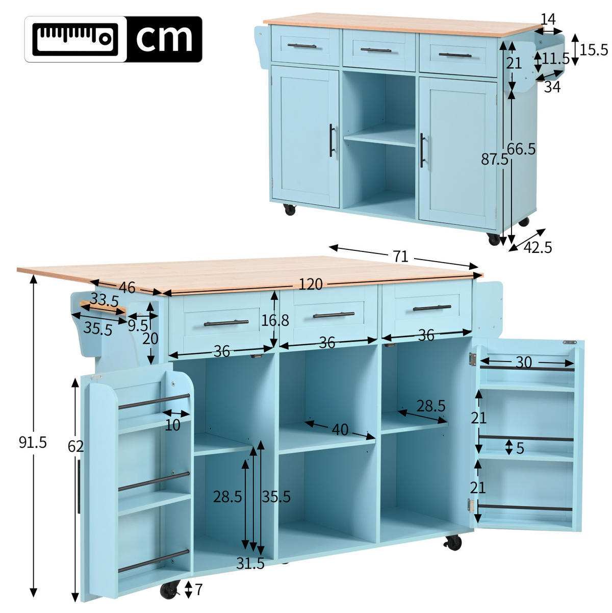 KÜCHENWAGEN 139/46(71)/91,5 cm in Blau mit klappbarer Platte und Rollen - Blau, Holzwerkstoff (139/91.5/46cm) - Flora Grace