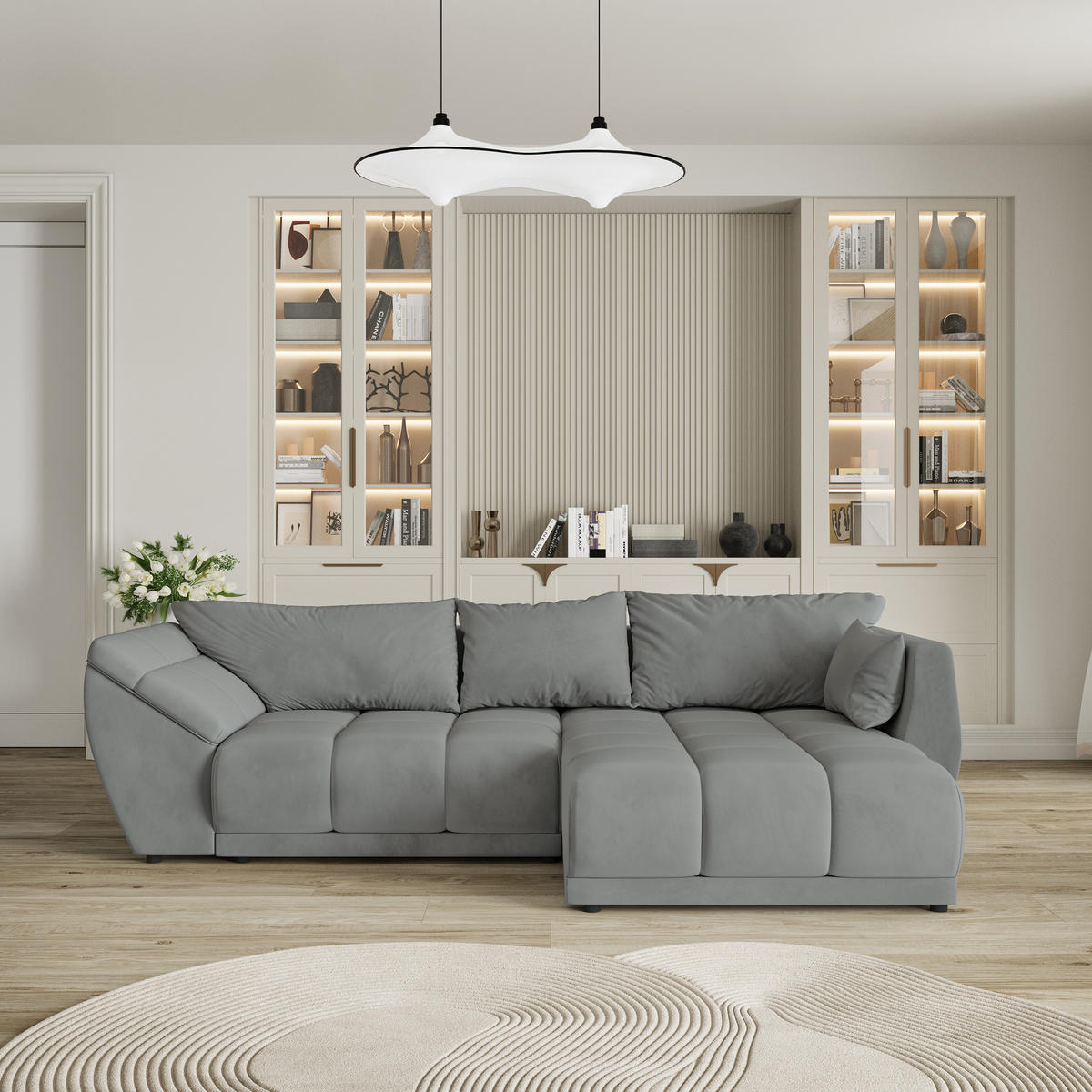 ROHOVÁ SEDAČKA ORENTI šedá - šedá/černá, dřevo/textil (287/182cm) - MASSENO