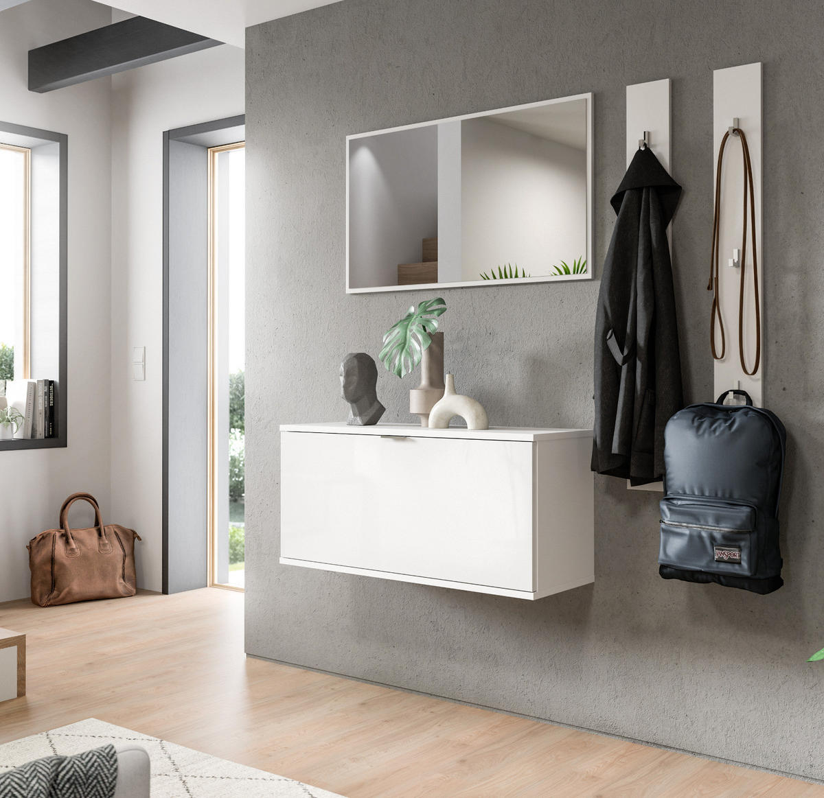 GARDEROBE Set 4-teilig weiß Hochglanz 14 cm, Garderobenkombination mit Spiegel hängend - Chromfarben/Weiß Hochglanz, Glas/Holzwerkstoff (147/193/34cm) - Inn.Furn