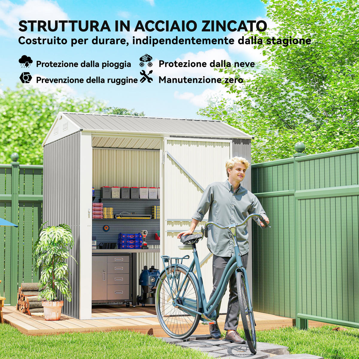 GARTENHAUS aus Stahl, 3, 51 m² hoch, mit Belüftung und abschließbarer Tür,209 x 177 x 236 cm, silber - Grau, Metall (177/236/209cm) - Vallsero