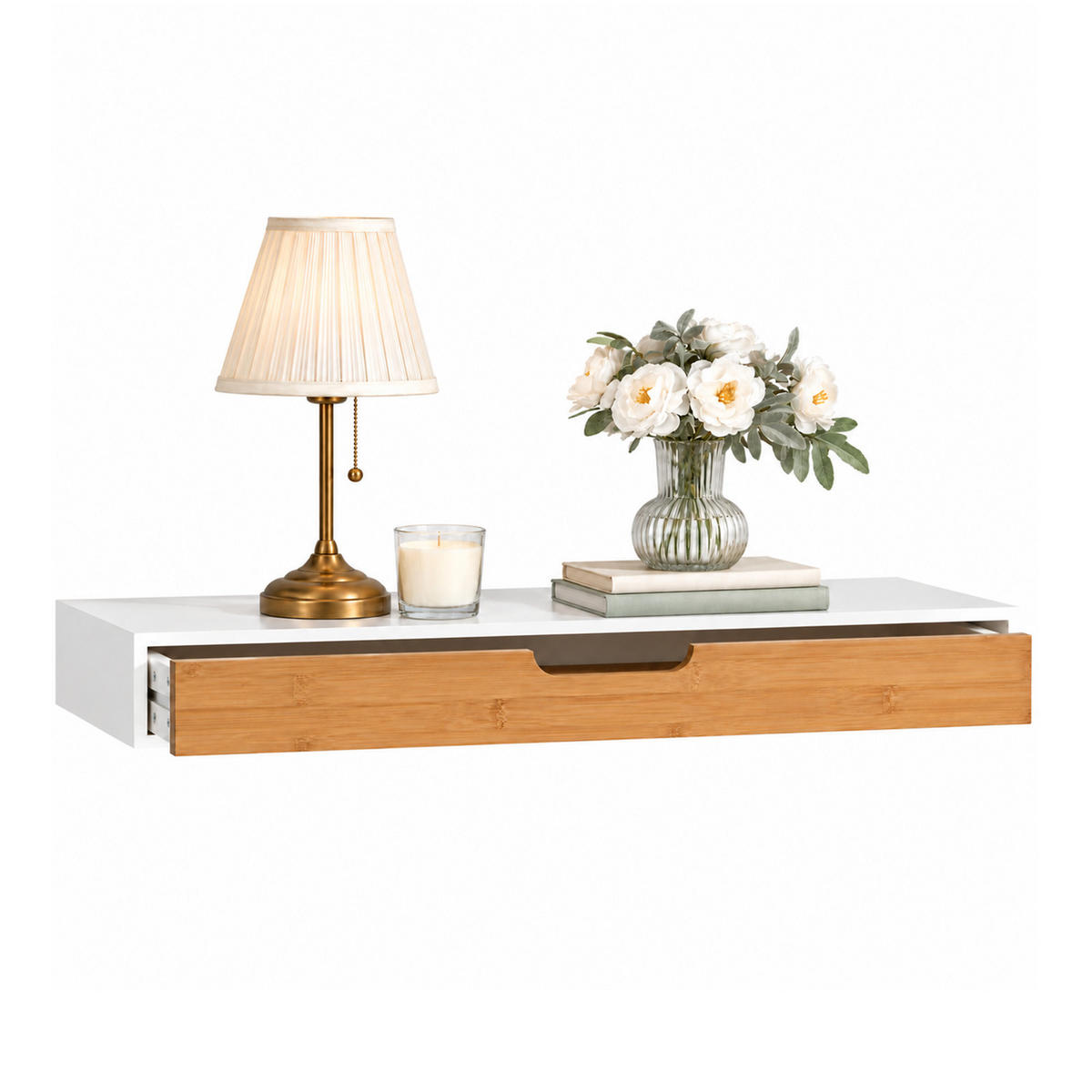WANDREGAL mit verdeckter Schublade, 60 x 24 x 8 cm, weiß mit Bambusoptik, schwebend, für Schlafzimmer, Flur und Wohnzimmer - Weiß/Naturfarben, Holzwerkstoff (60/8/25cm) - SoBuy