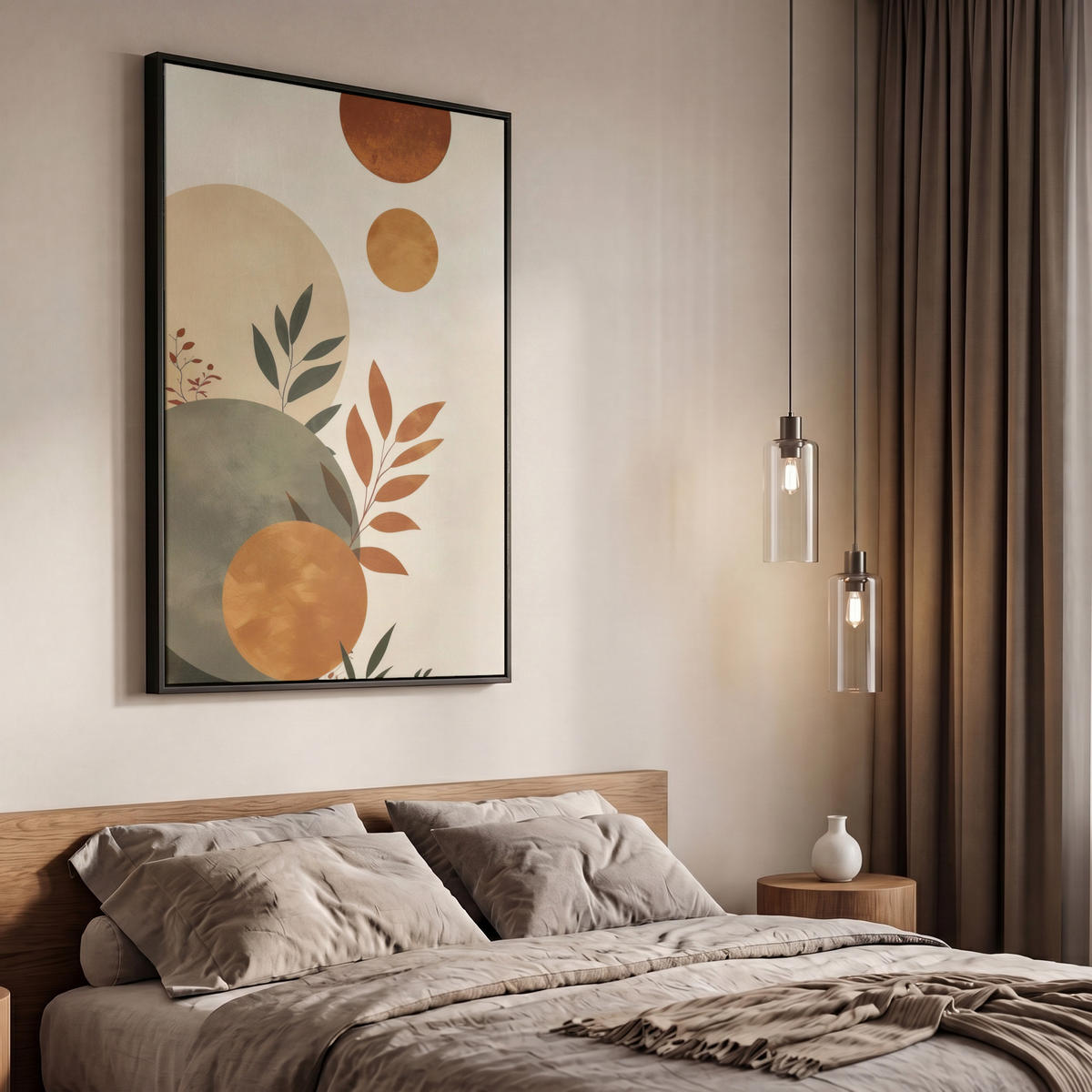 LEINWAND Bilder mit Rahmen - Formen - Rund - Blätter - Beige - 60x90 - Rostfarben, Textil (60/90cm) - MuchoWow