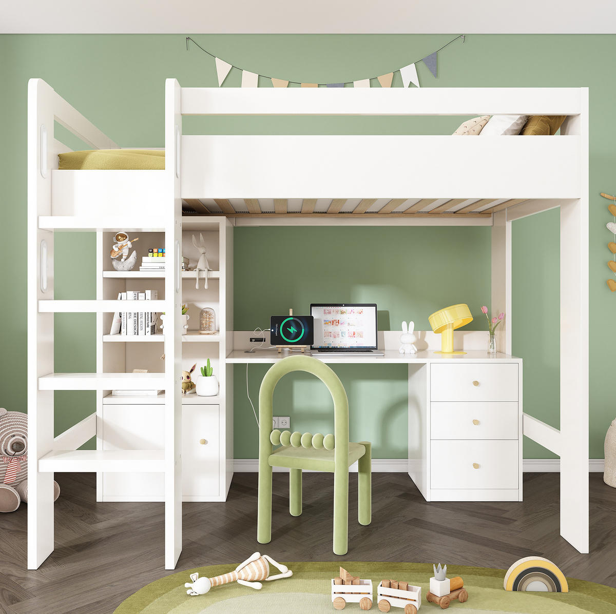 HOCHBETT 90/200 cm in Weiß mit Schreibtisch, Stauraum und USB- und Type-C-Anschlüssen - Weiß, Holzwerkstoff (90/200cm) - Flora Grace