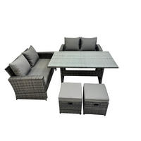 GARTENMÖBELSET mit 2-Sitzer Sofa,2 kleine Fußhocker,Esstisch,Beistelltisch Polyrattan Dunkelgrau 6-Sitzer - Dunkelgrau/Grau, Glas/Kunststoff - Fimous