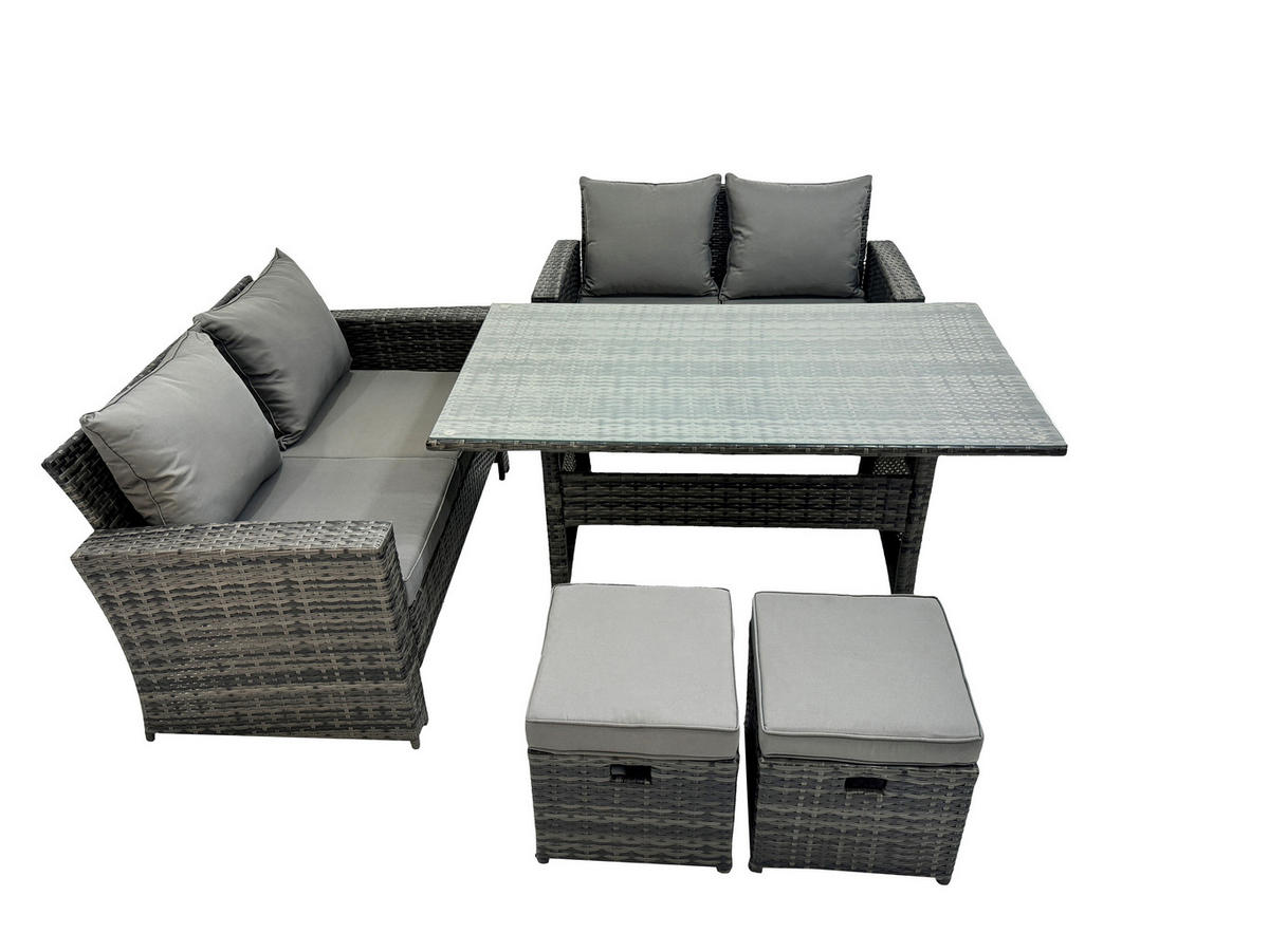 GARTENMÖBELSET mit 2-Sitzer Sofa,2 kleine Fußhocker,Esstisch,Beistelltisch Polyrattan Dunkelgrau 6-Sitzer - Dunkelgrau/Grau, Glas/Kunststoff - Fimous