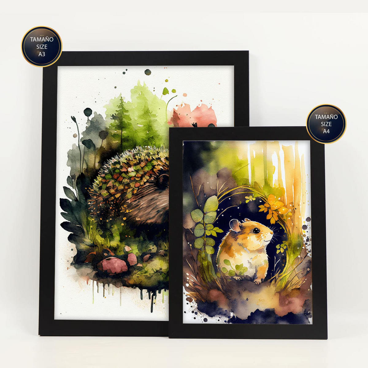 POSTER Set Mit 6 Lebewesen Illustrationen Von Tieren In Naturlandschaften, Realistischer Aquarellstil Innenarchitektur A3 & A4 Schwarzer Rahmen - Schwarz, Papier (29/3cm) - Nacnic
