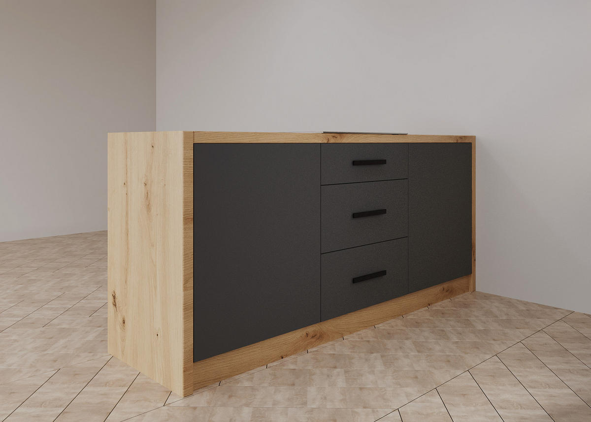 KÜCHENZEILE 360 cm - Langen K104-M360 - in Grau / Matt - Schwarz/Grau, Holz/Holzwerkstoff (360/212/60cm)