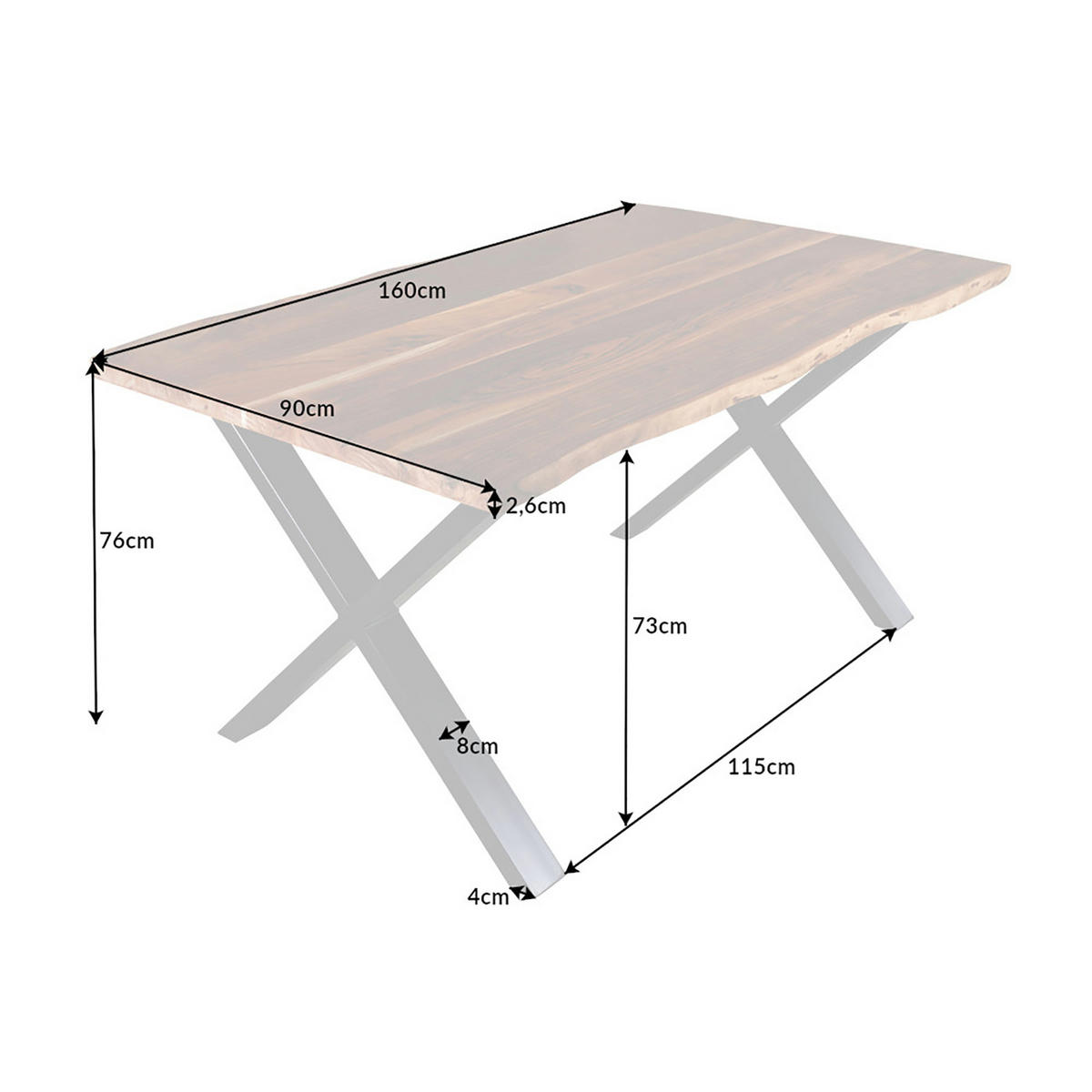 ESSTISCH MAMMUT Akazie 160cm - Schwarz/Braun, Holz/Metall (90/160/76cm) - riess-ambiente