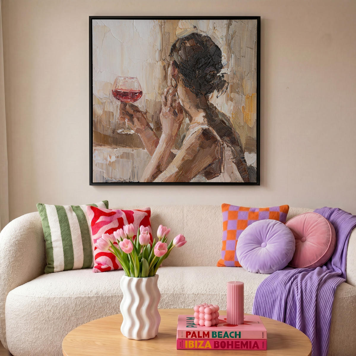 LEINWAND Bilder mit Rahmen - Ölgemälde - Frau - Wein - 90x90 - Hellbraun, Textil (90/90cm) - MuchoWow