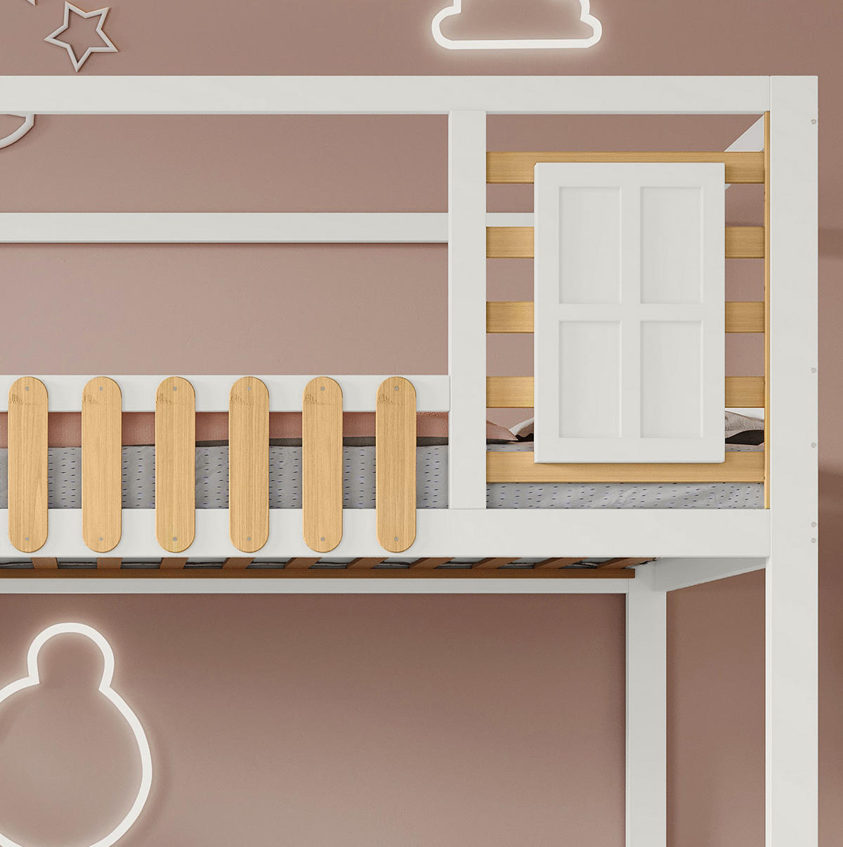 POSCHODOVÁ posteľ 90/200 cm biela/prírodná so schodmi a úložným priestorom z masívneho borovicového dreva a MDF - biela, kompozitné drevo (90/200cm) - OKWISH