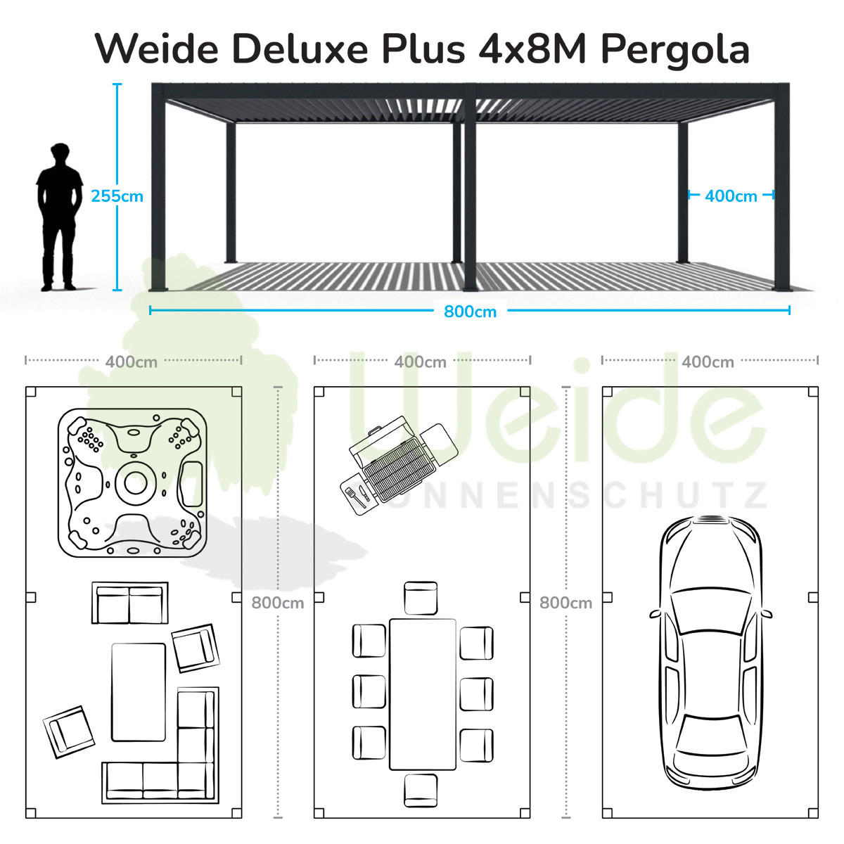 PERGOLA Deluxe Plus Elektrisch Pavillon Terrassenüberdachung Aluminium LED 4x8 m - Weiß, Metall (400/255/800cm) - WEIDE