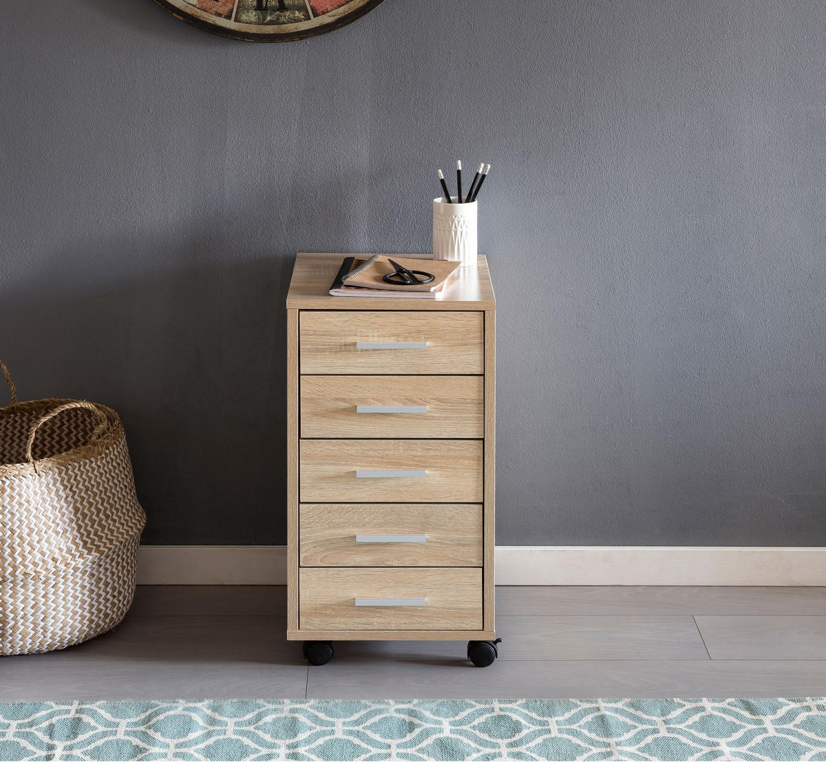 SCHUBLADENSCHRANK Holz 5 Schubladen Mit Rollen ITTER, Beige 33x38x63 cm - Beige/Schwarz, Holz/Kunststoff (33/63/38cm) - KADIMA DESIGN