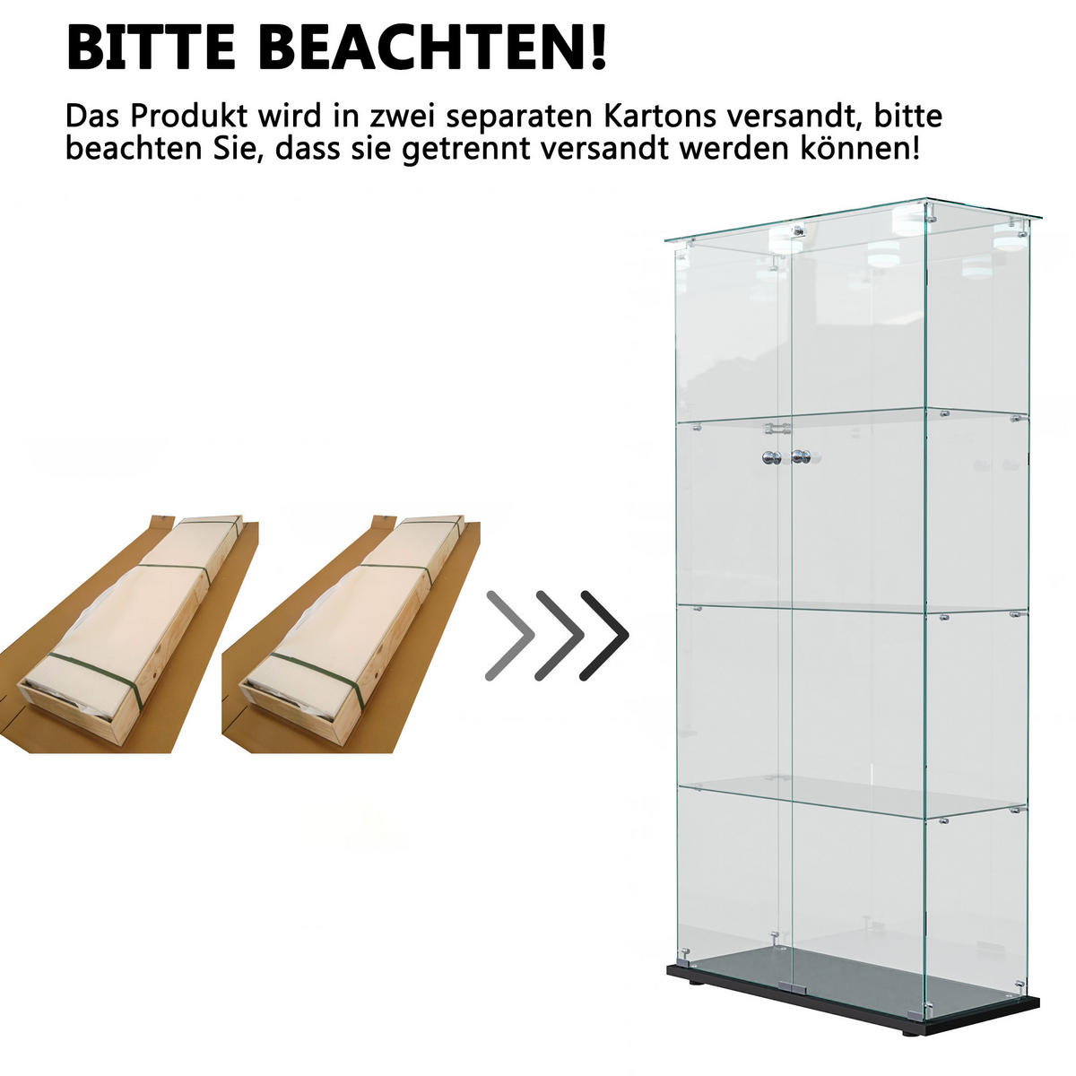 GLASVITRINE 163x78,5x35 cm 2 Türen LED Touch freistehend schwarz - Schwarz, Holz (78.5/163/35cm) - LEBENLANG