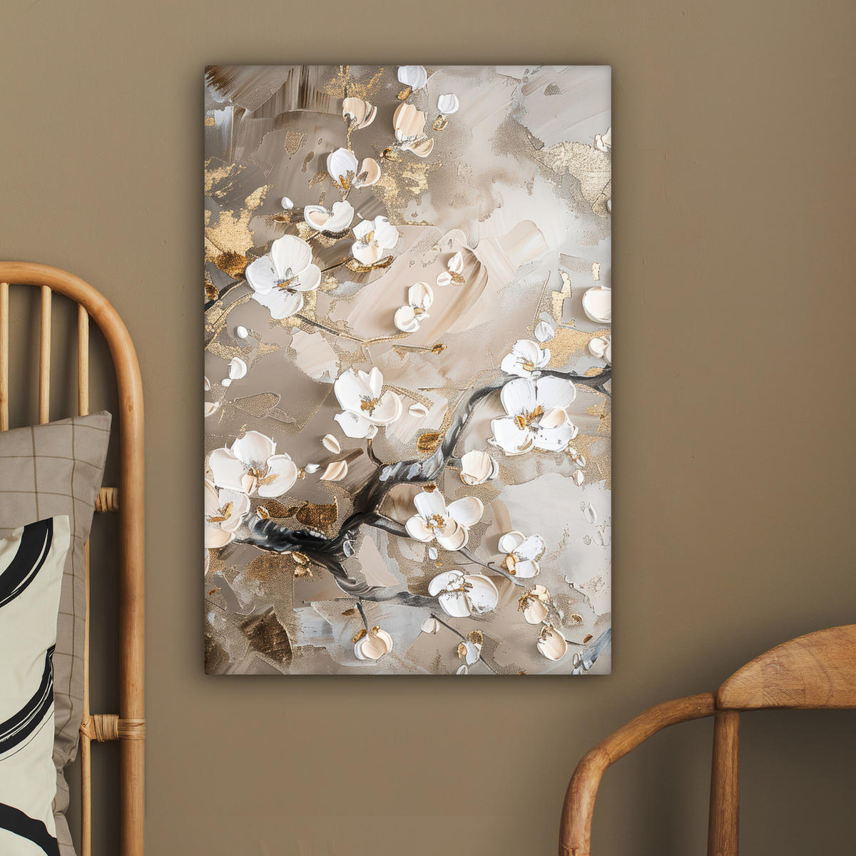 LEINWANDBILD - Blumen - Weiß - Gold - Beige - Luxus - 60x90 - Kunstdruck - Greige, Textil (60/90cm) - MuchoWow
