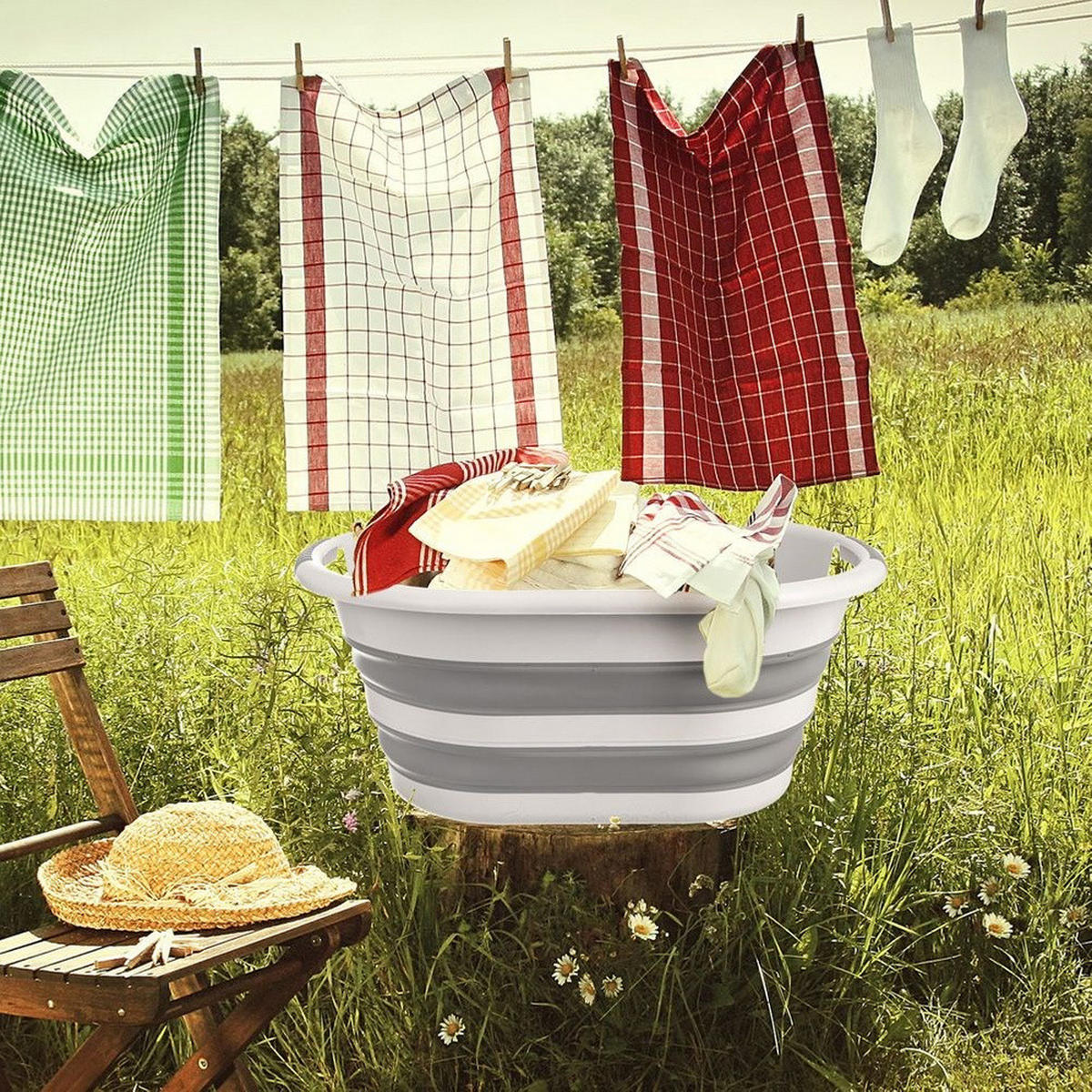 WÄSCHEKORB KEMP 38 l Faltbar Grau-Weiß - Multicolor, Kunststoff (63/27/45cm) - Orion 